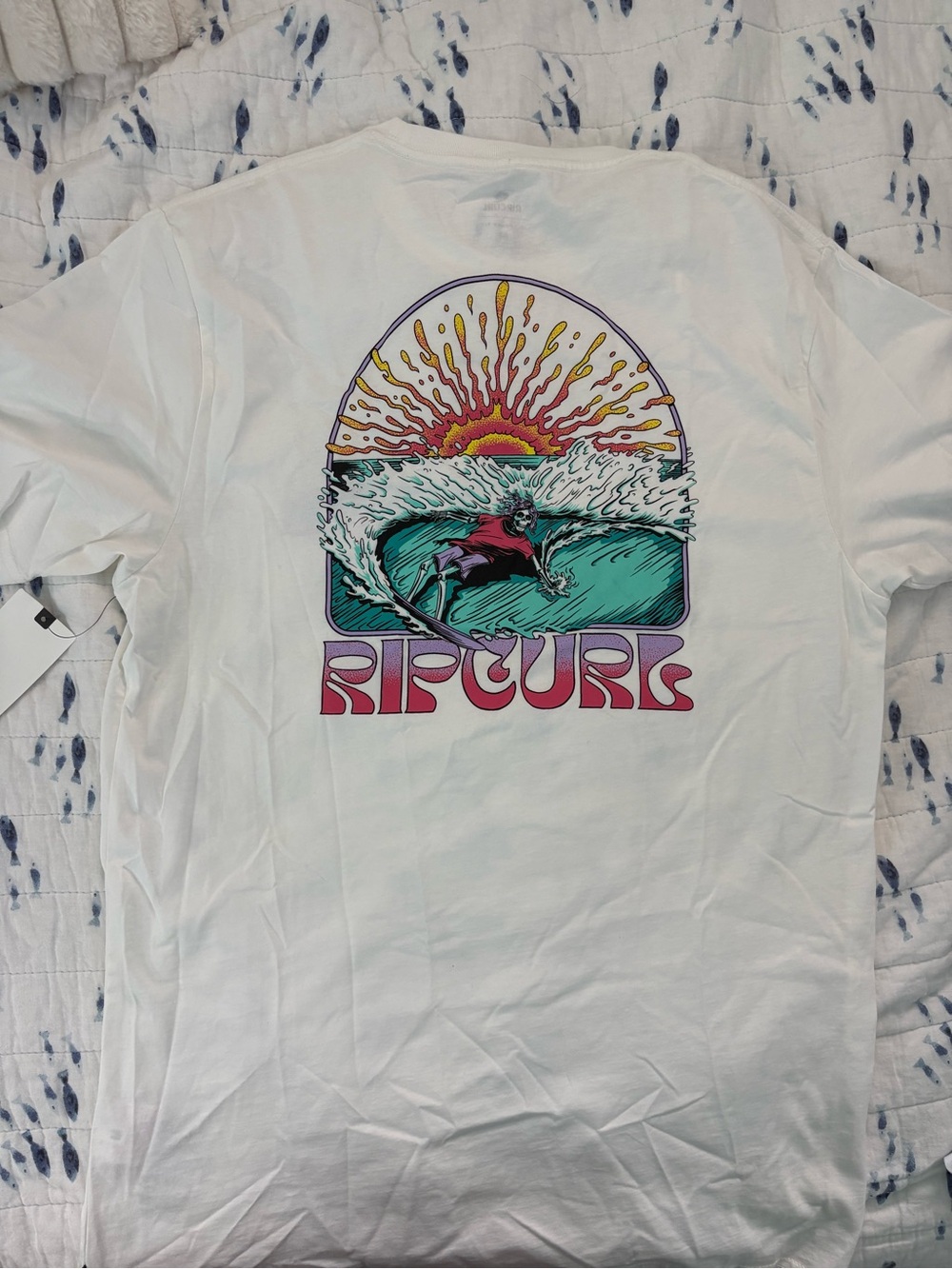 Rip Curl White Tee with Teal Wave and Sunset Graphic